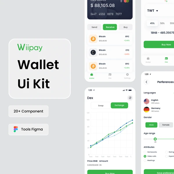 20屏数字加密货币区块链交易电子钱包应用UI套件 Wiipay - Crypto Blockchain Exchange Wallet Mobile App UI UX Design UI Kit .figma