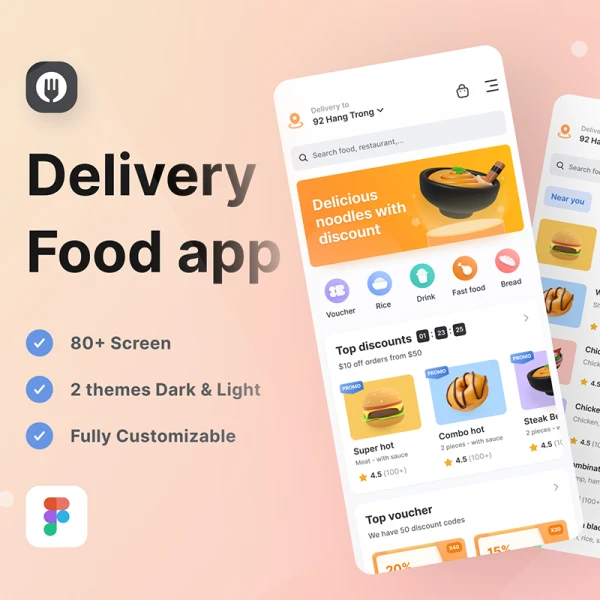 80屏外卖点餐配送应用UI套件 Yummy! - Delivery Food App .figma
