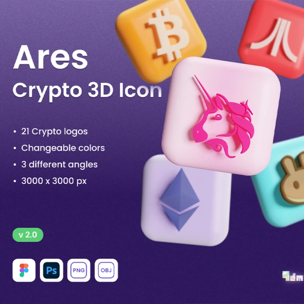 3D 加密货币图标psd版本 Ares Vol. 2 - Crypto 3D Icon Set .psd .figma