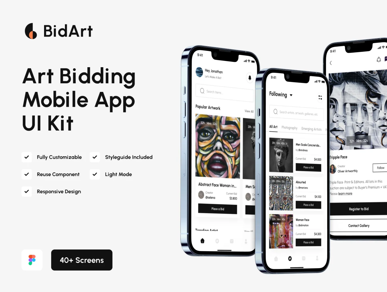艺术品竞价移动应用程序 UI 套件40屏 BidArt – Art Bidding Mobile App UI Kit .figma插图1