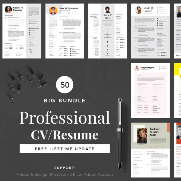 51款个人简历设计模板 Big Bundle Professional CV Resume .pdf .word .indesion