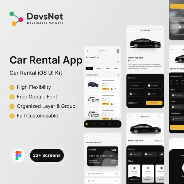 租车应用程序UI套件23屏 Car Rental App UI Kit .figma