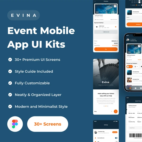 电影院演唱会购票应用UI设计套件30屏 Evina - Event Mobile App UI Kits .figma