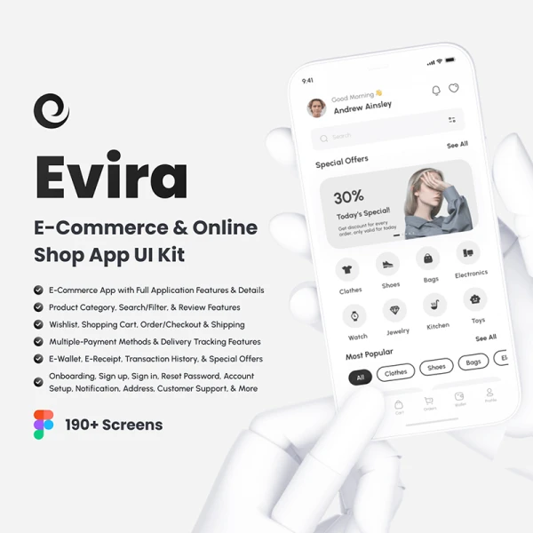时尚箱包电子设备电商网购平台UI设计套件190屏 Evira - E-Commerce & Online Shop App UI Kit .figma