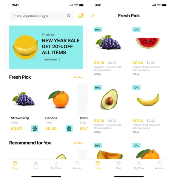 10屏水果网购手机应用UI套件 Fruitlover- Groceries App UI Kit .figma .sketch .xd