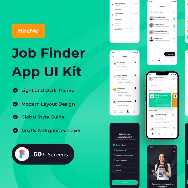 专业金融人才求职招聘平台UI设计套件60屏 HireMe - Job Finder App UI Kit .figma