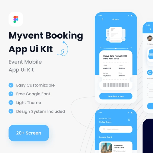 活动门票预订应用程序UI套件20屏 Myvent Event Booking App UI Kit .figma