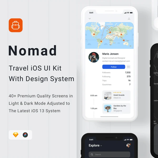 旅游应用iOS设计系统40屏 Nomad iOS Design System .sketch .figma