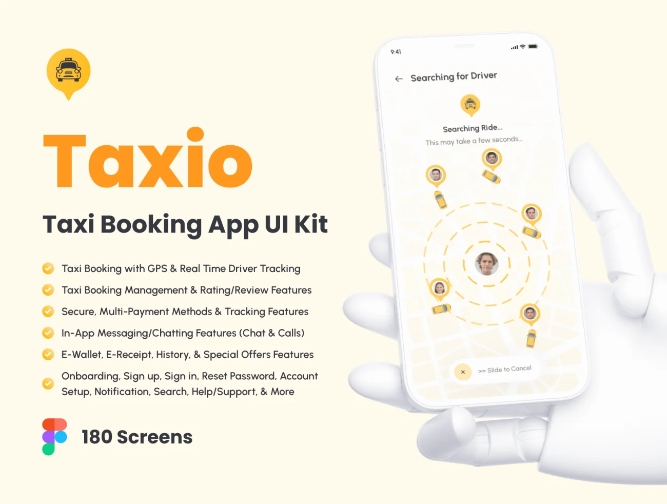 出租车预订应用程序UI套件180屏 Taxio – Taxi Booking App UI Kit .figma插图1