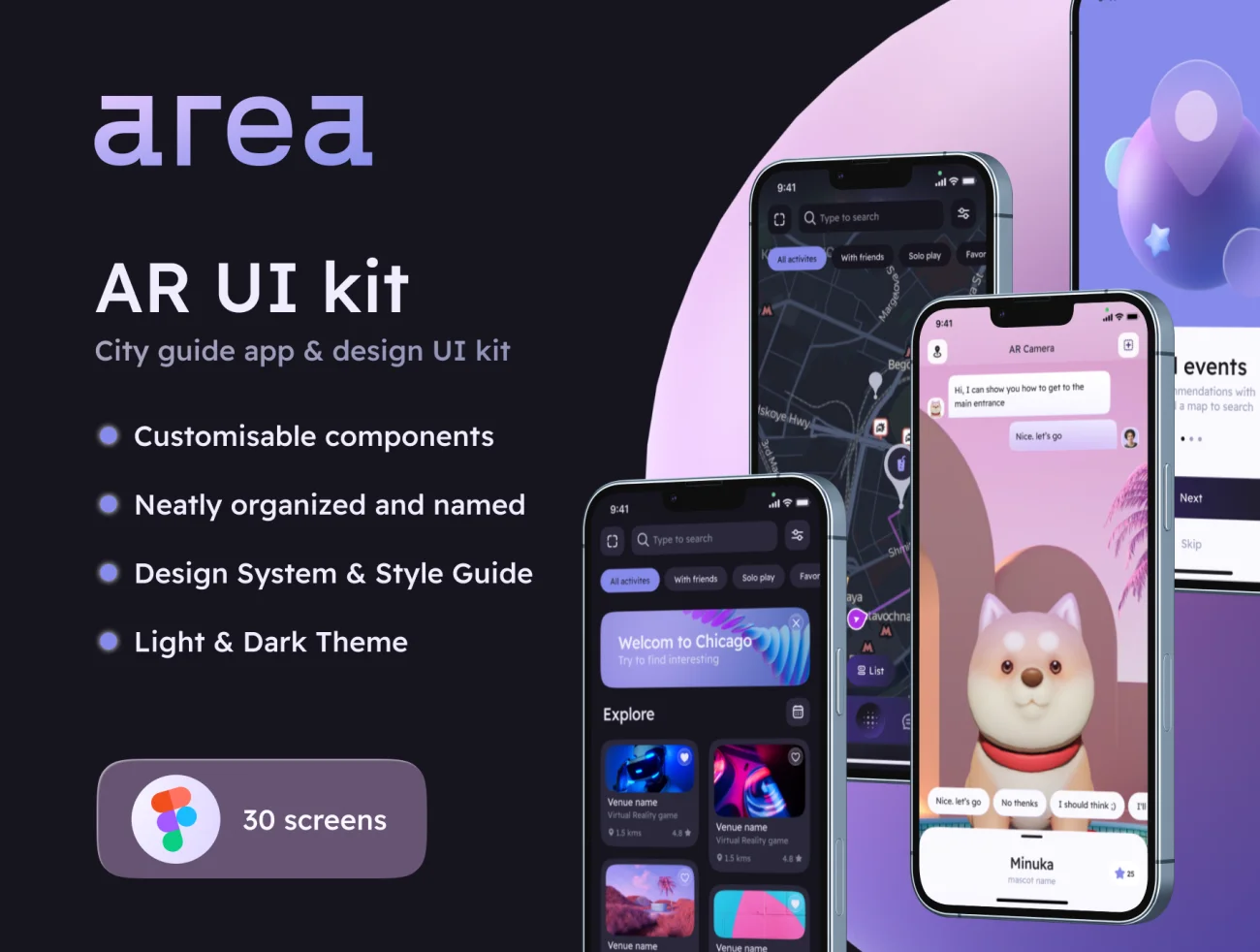 AR城市指南应用程序UI设计套件30屏 AREA – AR city guide app & design UI kit .figma-UI/UX、ui套件、主页、出行、列表、地图、应用、注册、社交、聊天-到位啦UI