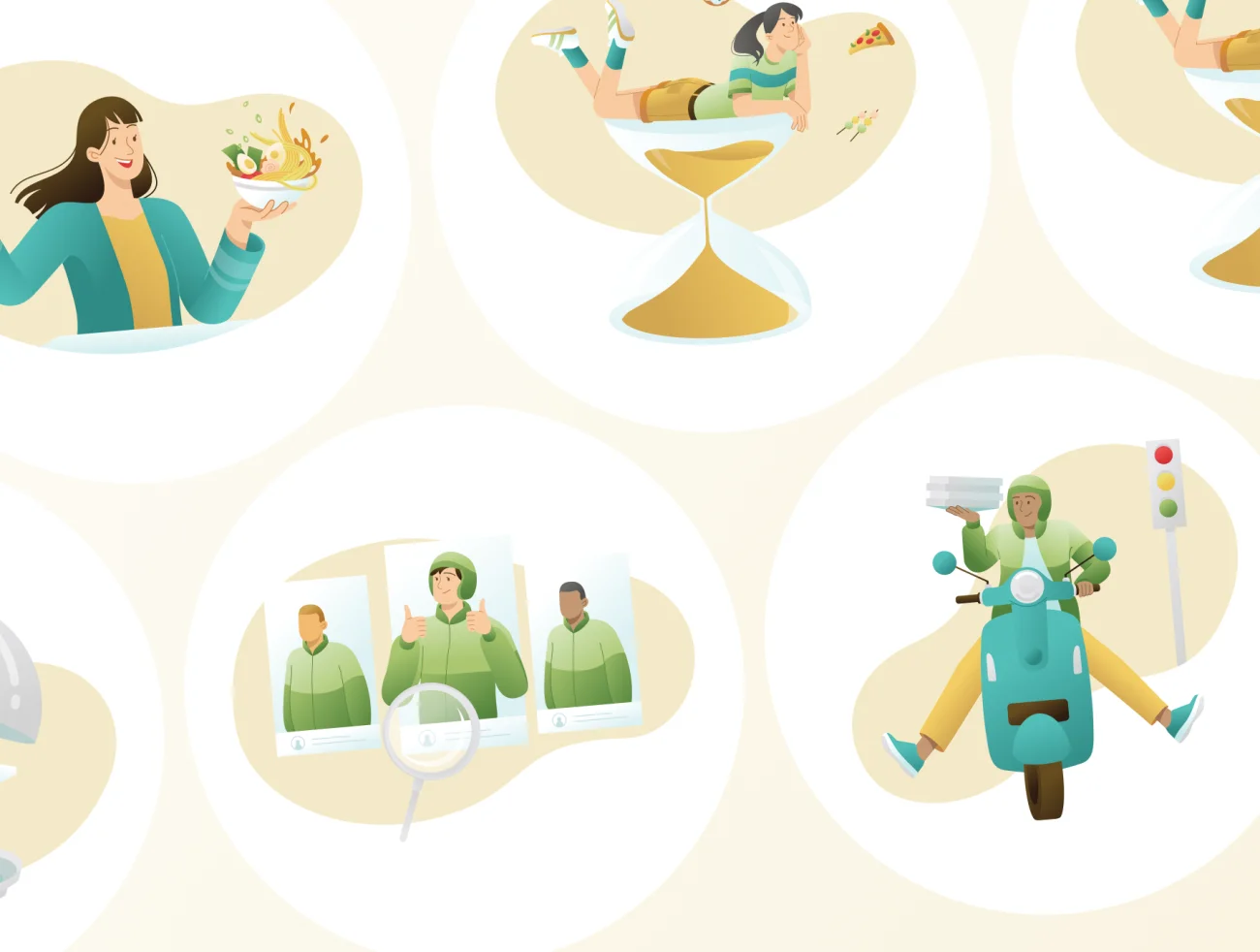食品送餐创意矢量插图12幅 Eatery - Food & Meal Delivery Illustrations .ai .figma-人物插画、场景插画、插画、插画功能、插画风格、状态页、电子商务、社交购物、线条手绘、营销创业-到位啦UI