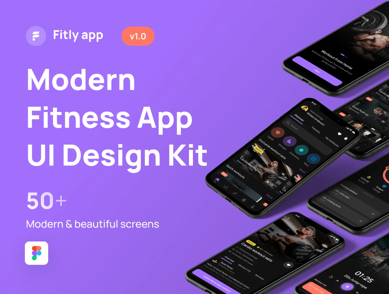 现代健身应用程序UI设计套件50屏 Fitly- Modern Fitness & Health Tracker App UI Kit .figma-UI/UX、ui套件、主页、列表、应用、支付-到位啦UI