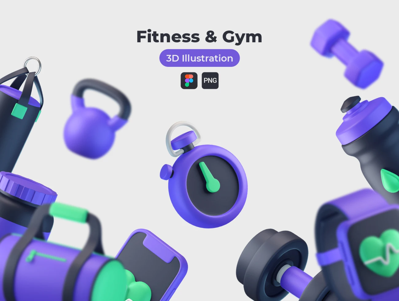 20款运动健身装备器械3D图标模型 Fitness and Gym 3D Icons .sketch .psd .ai .figma-3D/图标-到位啦UI