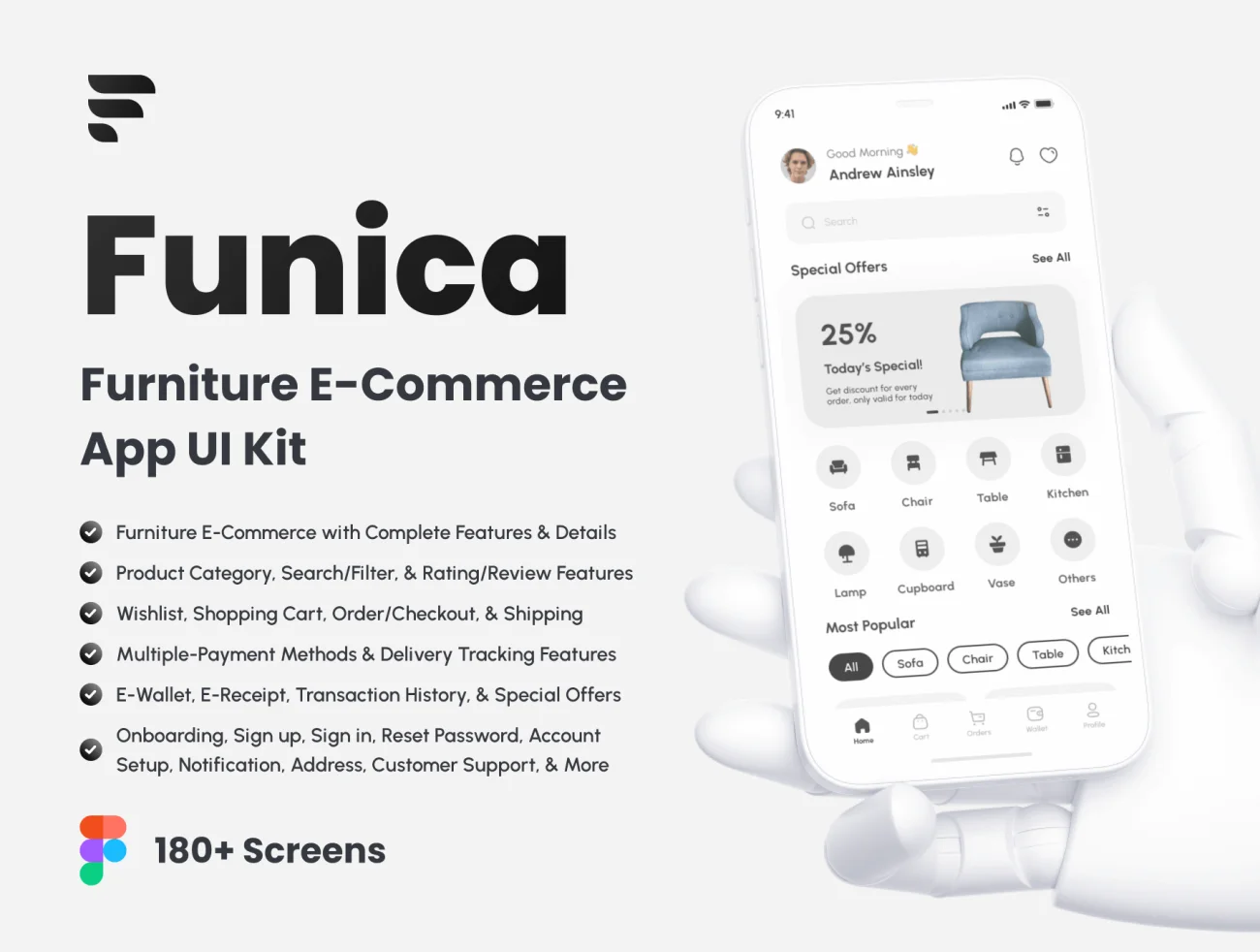 家具应用 UI 套件180屏 Funica - Furniture E-Commerce App UI Kit .figma-UI/UX、ui套件、主页、付款、应用、网购、详情-到位啦UI