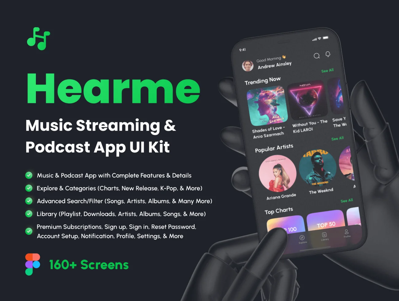 音乐流媒体播客应用程序 UI 套件160屏 Hearme - Music Streaming _ Podcast App UI Kit .figma-UI/UX、ui套件、主页、应用、播放器、社交-到位啦UI