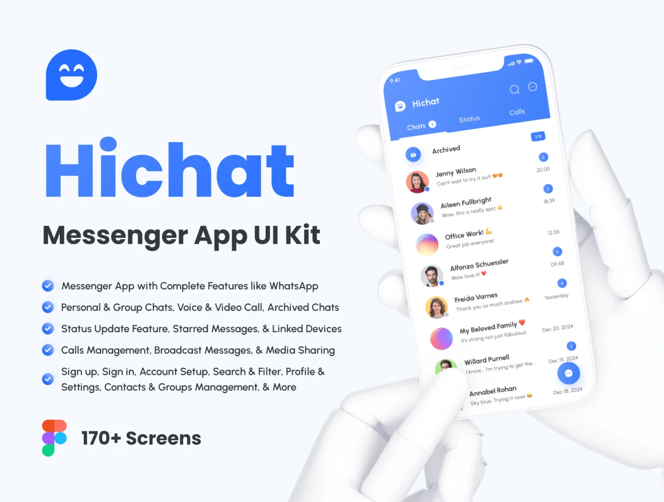 语音文字社交沟通应用UI设计套件170屏 Hichat - Messenger App UI Kit .figma-UI/UX、ui套件、主页、列表、应用、播放器、社交、聊天-到位啦UI