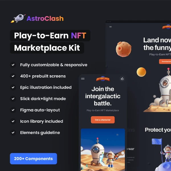 边玩边赚NFT平台应用UI设计套件 AstroClash Play-to-Earn NFT Marketplace Kit .sketch .ae .xd .figma