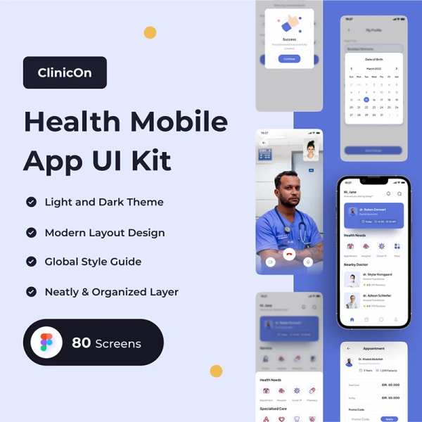 医疗诊断健康管理应用程序UI套件80屏 ClinicOn - Health Mobile App UI Kit .figma