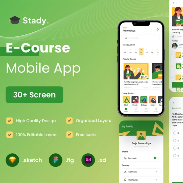 网课在线教育应用UI设计套件30屏 E-Course Mobile App UI KIT .sketch . xd .figma