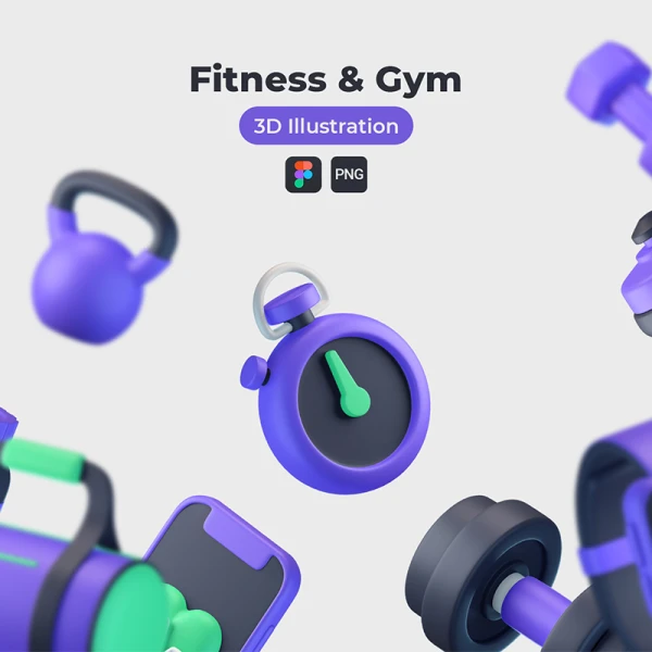 20款运动健身装备器械3D图标模型 Fitness and Gym 3D Icons .sketch .psd .ai .figma