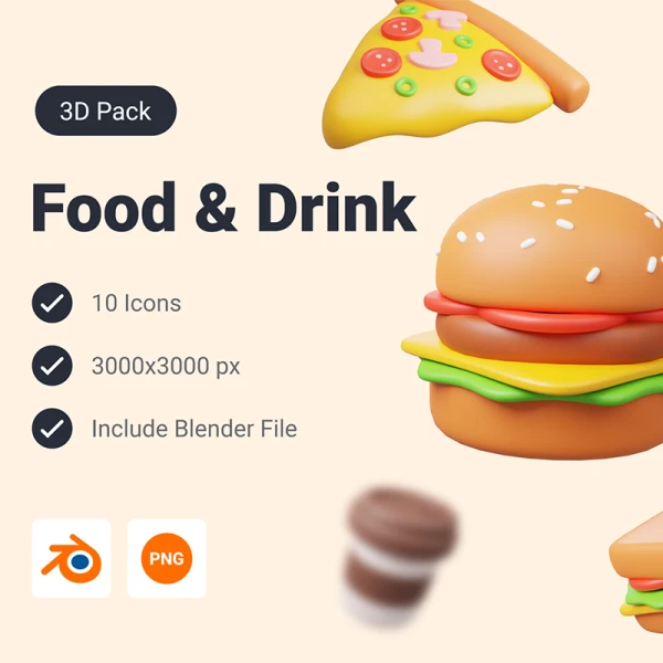 10款食物快餐饮料披萨汉堡3D图标模型 Food and Drink 3D Icon Pack .blender .png