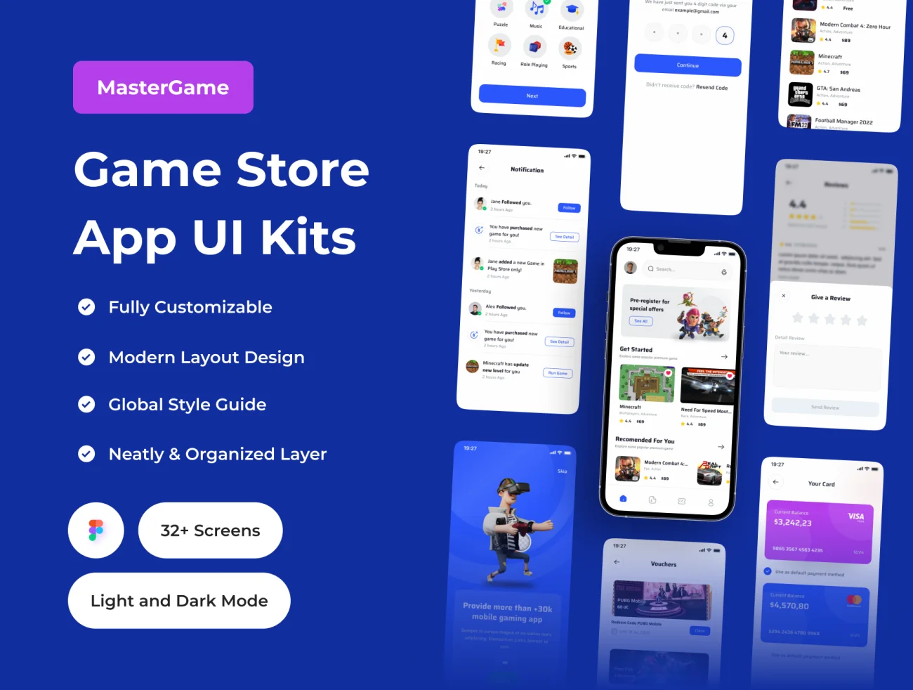 游戏商店应用程序 UI 套件32屏 MasterGame - Game Store App UI Kit .figma-UI/UX、ui套件、主页、介绍、卡片式、应用、详情-到位啦UI