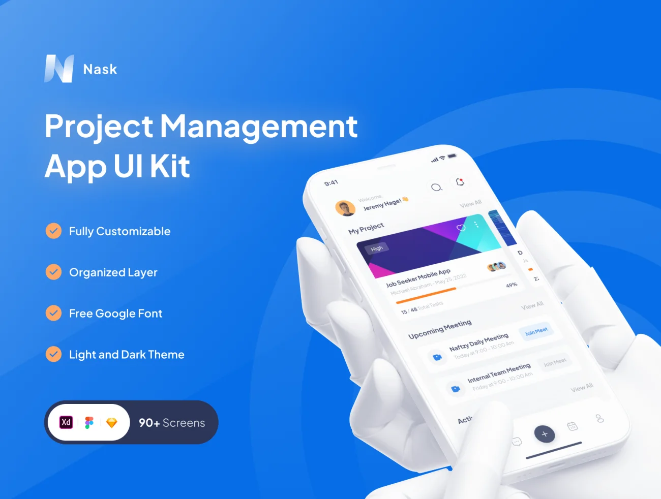 在线项目管理移动应用90屏 Nask - Project Management Mobile App .sketch .xd .figma-UI/UX、ui套件、主页、列表、应用、登录页、聊天、表单-到位啦UI