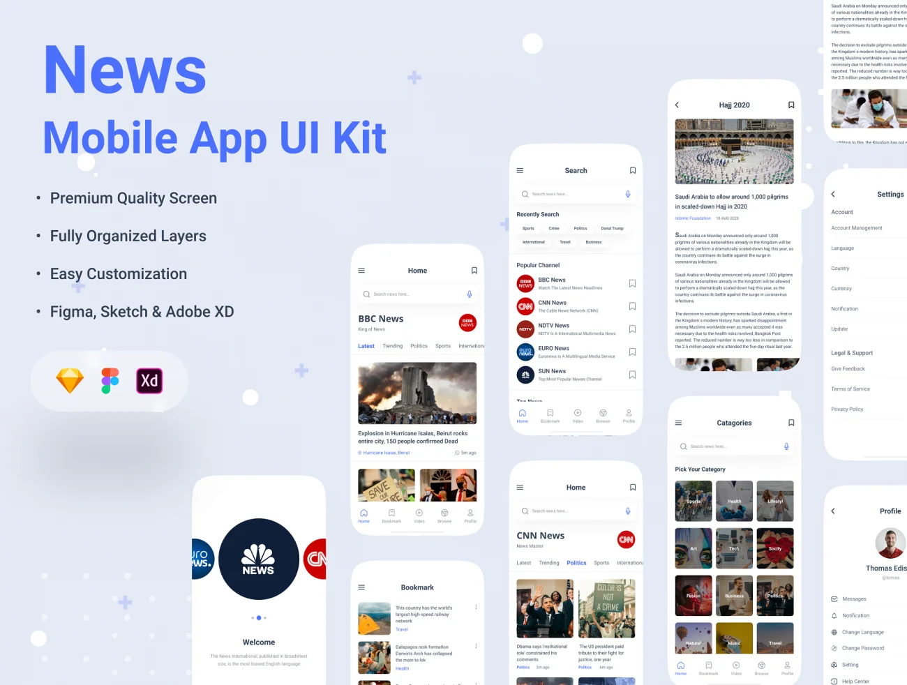 35屏新闻应用UI设计套件 News App UI kit - Figma .sketch .figma .xd-UI/UX、ui套件、主页、列表、卡片式、图表、应用、海报、社交、表单-到位啦UI