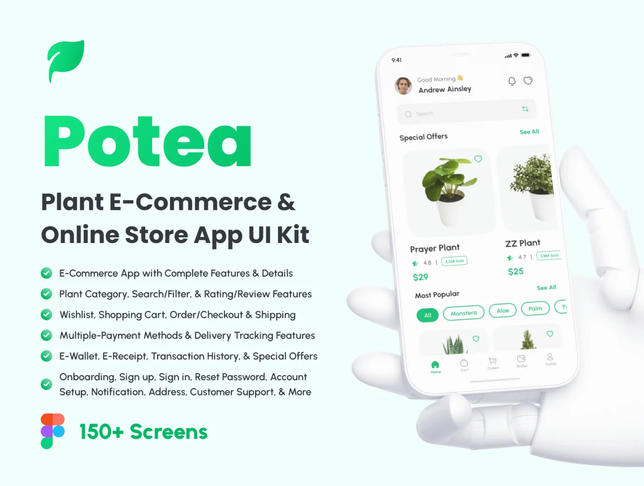 植物电商网购在线商店应用UI套件150屏 Potea - Plant E-Commerce & Online Store App UI Kit .figma-UI/UX、ui套件、主页、介绍、付款、卡片式、应用、网购、详情-到位啦UI
