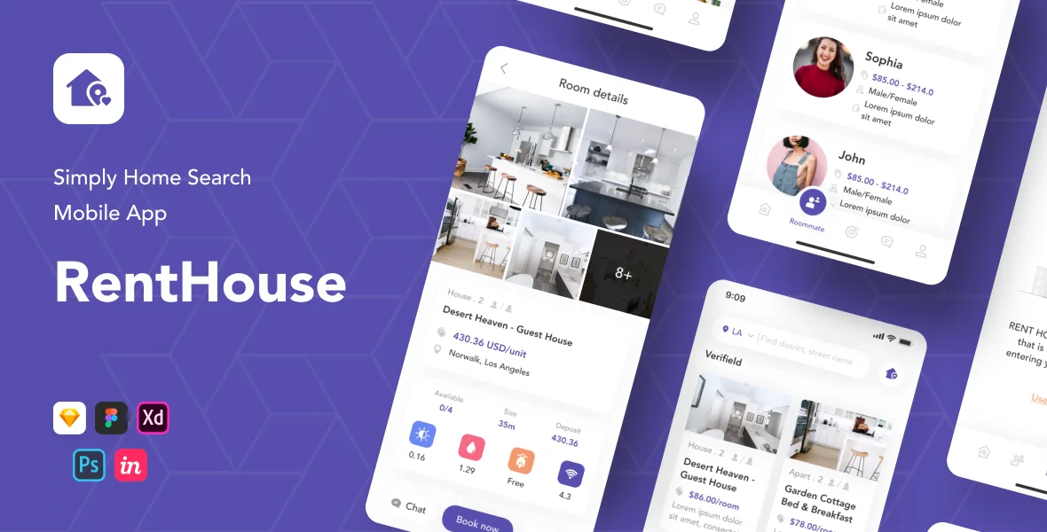 房屋租赁二手房交易地产应用UI设计套件 RentHouse - Simply Home Search Mobile App .sketch .figma .xd .psd .in-UI/UX、ui套件、主页、列表、应用、海报、预订-到位啦UI