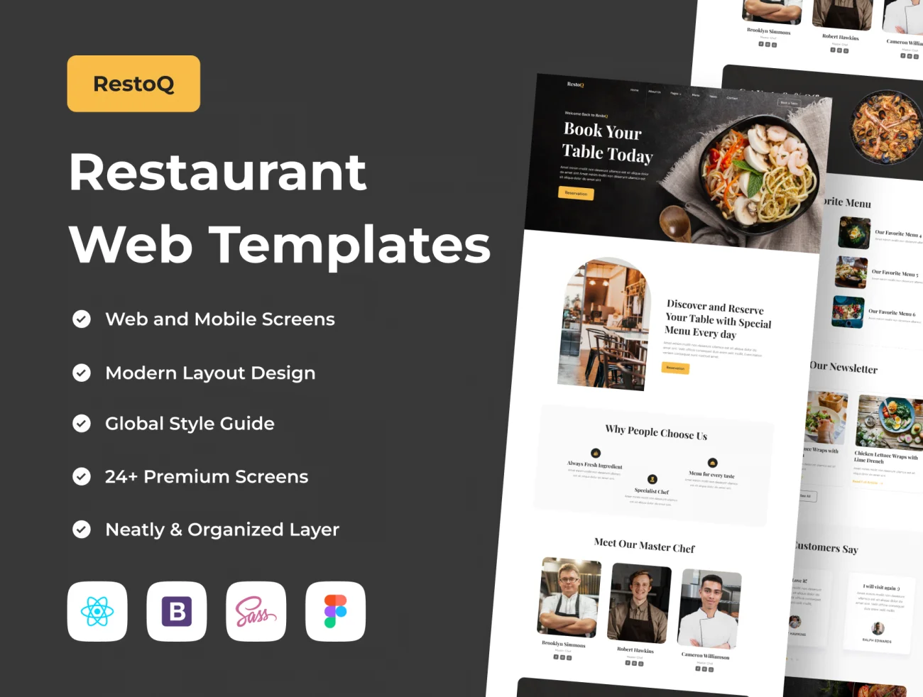 餐厅网站网页模板24屏含源码 RestoQ - Restaurant Web Templates .figma .sass .bootstrap-UI/UX、ui套件、主页、介绍、付款、列表、博客、图表、应用、源码、表单、详情、预订-到位啦UI