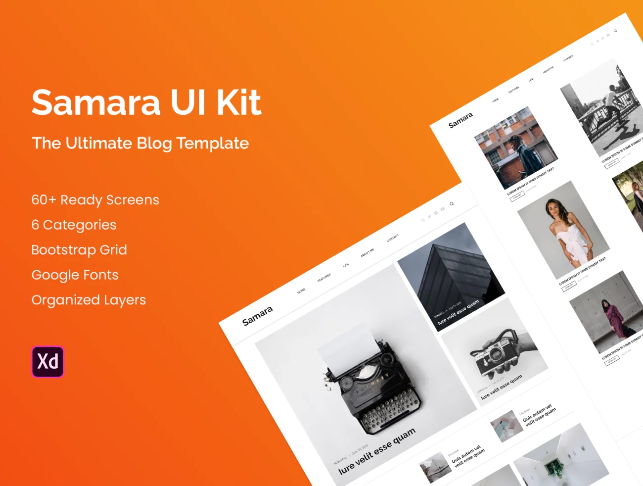60页个人博客网站模板 Samara - Blog UI Kit .xd-UI/UX、ui套件、主页、介绍、博客、海报-到位啦UI