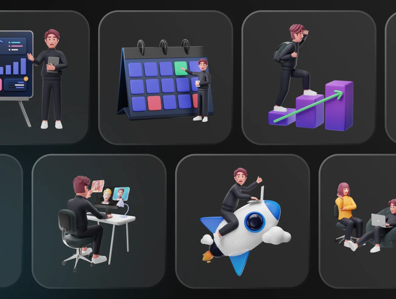 初创团队公司办公3D模型角色图标10款 Workly - Startup & Work Environment 3D Character .blender .figma-3D/图标-到位啦UI