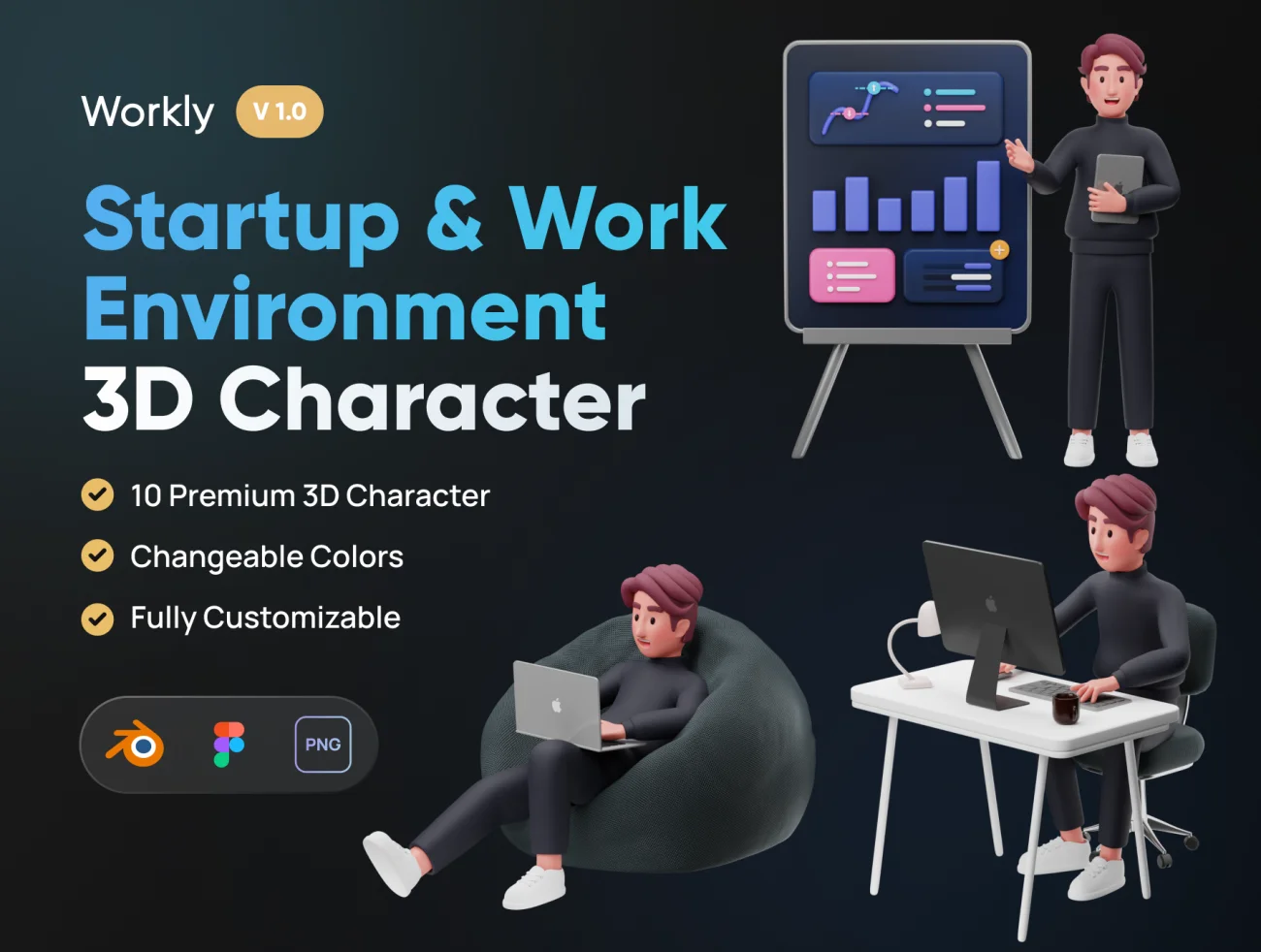 初创团队公司办公3D模型角色图标10款 Workly - Startup & Work Environment 3D Character .blender .figma-3D/图标-到位啦UI