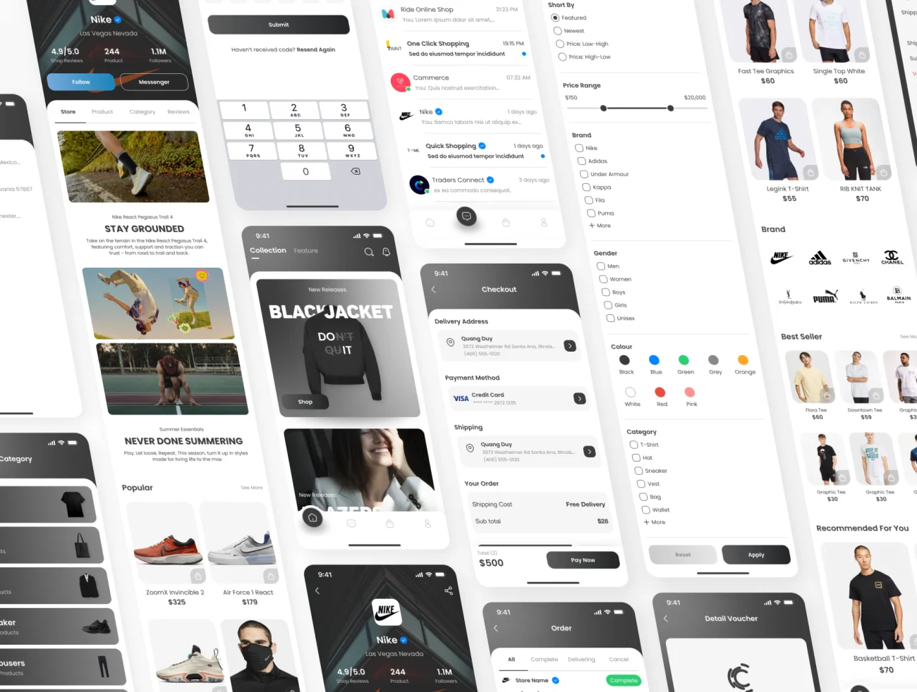 潮流服饰鞋履电子应用UI设计套件 Z-Black E-Commerce App UI Kit .figma-UI/UX、ui套件、主页、付款、应用、网购、详情-到位啦UI