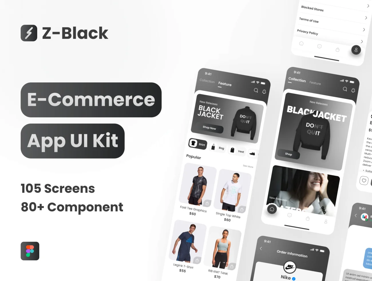 潮流服饰鞋履电子应用UI设计套件 Z-Black E-Commerce App UI Kit .figma-UI/UX、ui套件、主页、付款、应用、网购、详情-到位啦UI