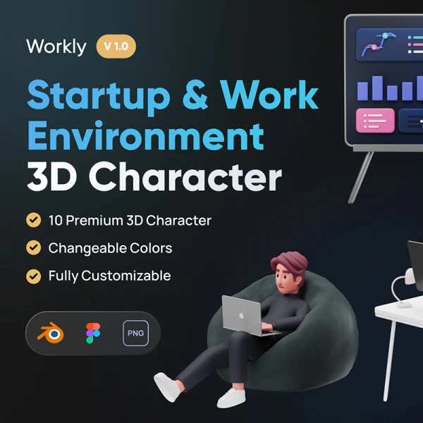 初创团队公司办公3D模型角色图标10款 Workly - Startup & Work Environment 3D Character .blender .figma
