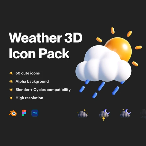 可爱天气图标3D模型60款 Weather 3D Icon Pack .blender .figma .png