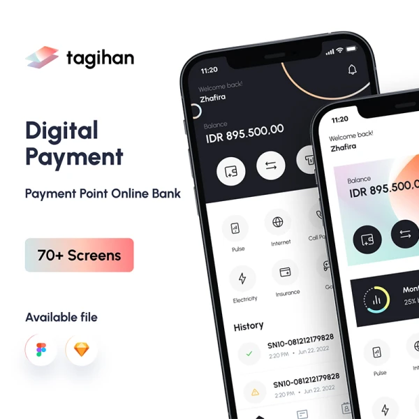 电子钱包手机网店支付应用UI设计套件70屏 Tagihan PPOB App .sketch .figma