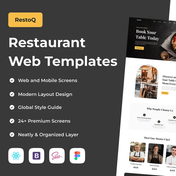 餐厅网站网页模板24屏含源码 RestoQ - Restaurant Web Templates .figma .sass .bootstrap