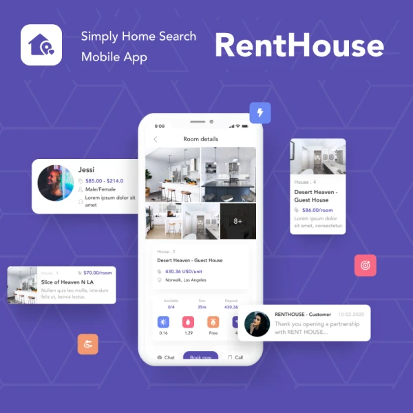 房屋租赁二手房交易地产应用UI设计套件 RentHouse - Simply Home Search Mobile App .sketch .figma .xd .psd .in
