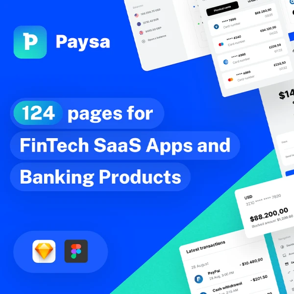 金融科技初创公司银行和金融应用程序的 UI 套件124屏 Paysa - UI kit for FinTech Startups, Banking, and Finance Apps .sketch .figma