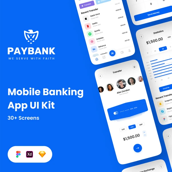 手机银行金融理财应用程序 UI 套件30屏 Paybank - Mobile Banking App UI Kit .sketch .xd .figma