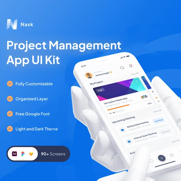 在线项目管理移动应用90屏 Nask - Project Management Mobile App .sketch .xd .figma