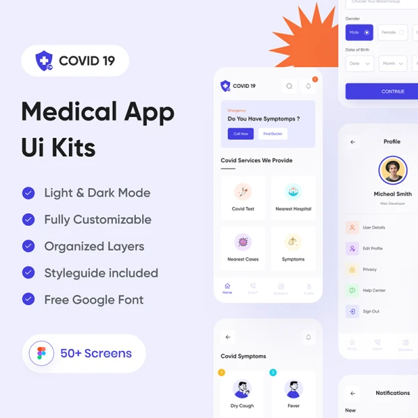 52屏医疗应用远程就诊UI设计套件 Medical & Health App Ui Kits- Covid19 .figma