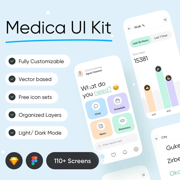 健康医疗应用UI设计套件110屏 Medica - Medical UI Kit .sketch .figma