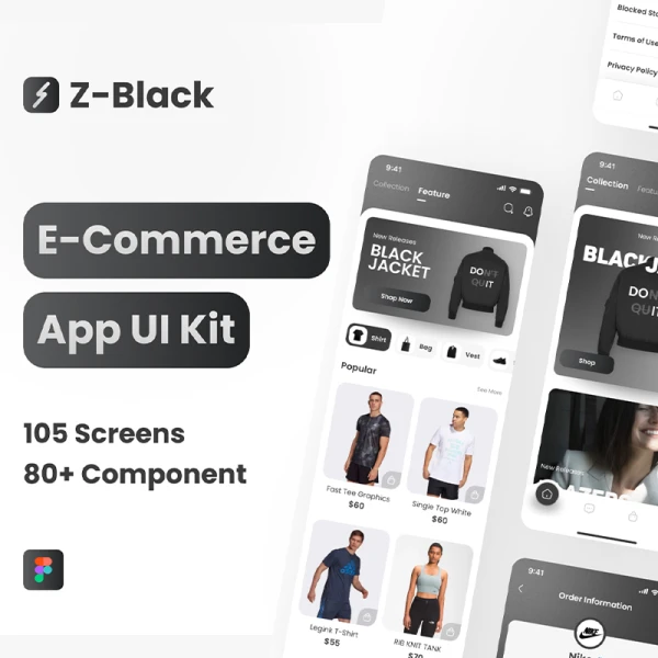潮流服饰鞋履电子应用UI设计套件 Z-Black E-Commerce App UI Kit .figma