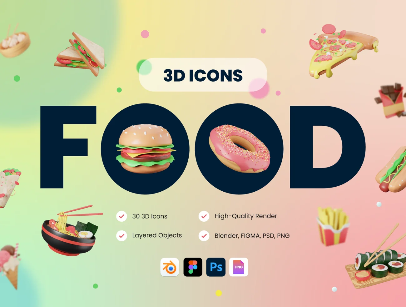 30款快餐日料3d模型图标 30 3D Food & Meals Icons Illustration .blender .figma .psd .png-3D/图标-到位啦UI
