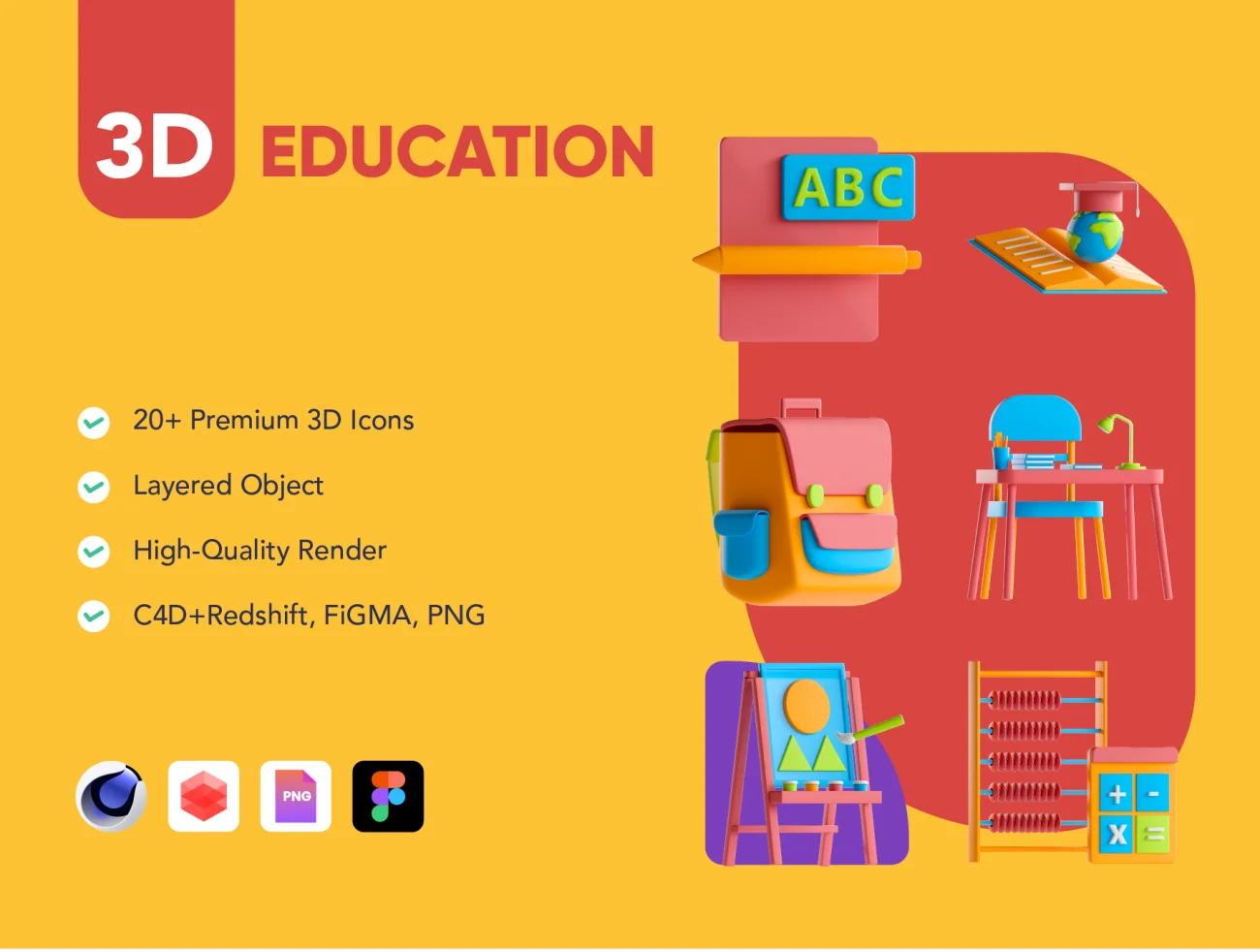 20款教育3D图标模型素材下载 3D Education Pack .c4d .png .figma-3D/图标-到位啦UI