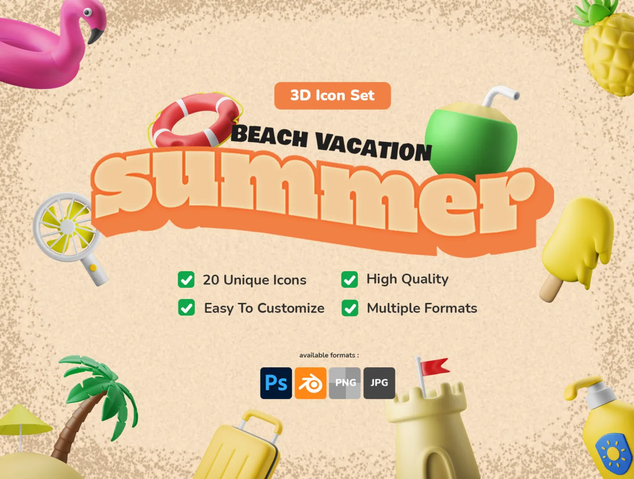 20款夏季海滩旅游度假3D图标模型素材下载 3D Icon Set - Summer Theme Beach Vacation .psd .blender .png .jpg-3D/图标-到位啦UI